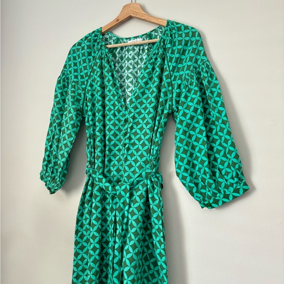 ITAMI Green Geometric Print Boho Style Belted Midi Button Linen Blend Dress - Picture 4 of 11